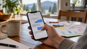 A parent views text messages beside a child’s drawing at home.