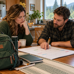Parents reviewing a school calendar and parenting schedule