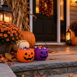Two Oregon parents review a Halloween parenting calendar with a child nearby.