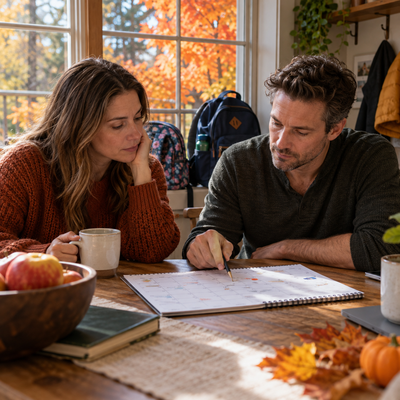 Parent and child reviewing a fall school activity calendar at a table
