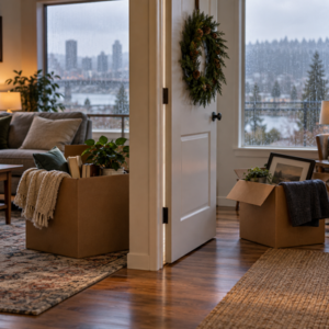Two separate moving boxes by a doorway with a holiday wreath on a rainy Portland day